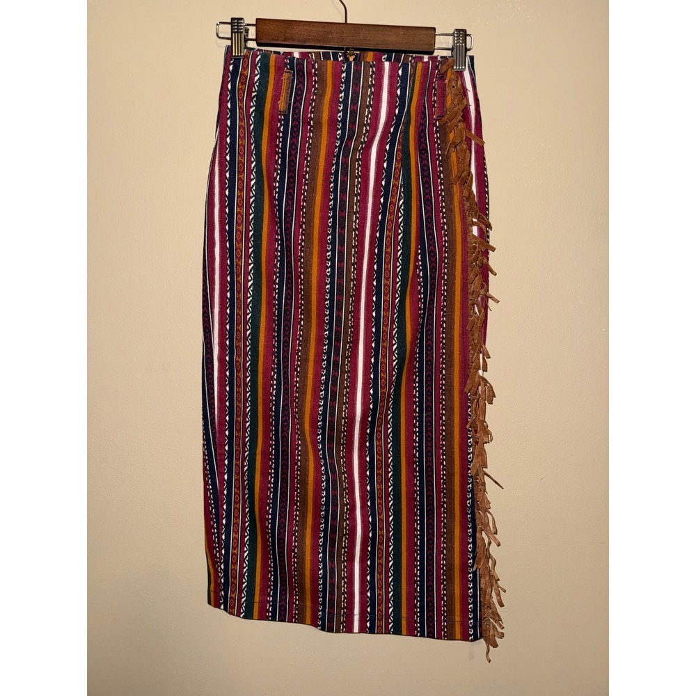 Vintage Stone Gear Southwestern Striped Midi Skirt Fringe Side 3 Boho Festival‎